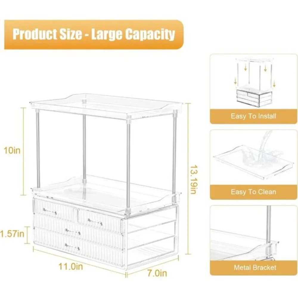 New 2-Tier Amber Clear Bathroom Organizer, Vanity Storage with 4 Drawers